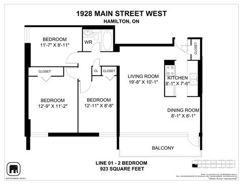 Floor plan for 2 beds, 1 bath, 923 sqft